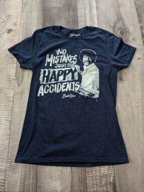 Bob Ross No Mistakes Just‎ Happy Accidents Graphic T-Shirt Navy Blue Small